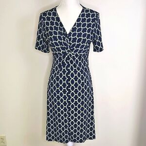 Merona Elegant Navy and Chartruesse Patterned Dress Twist At Bustline Stretchy M